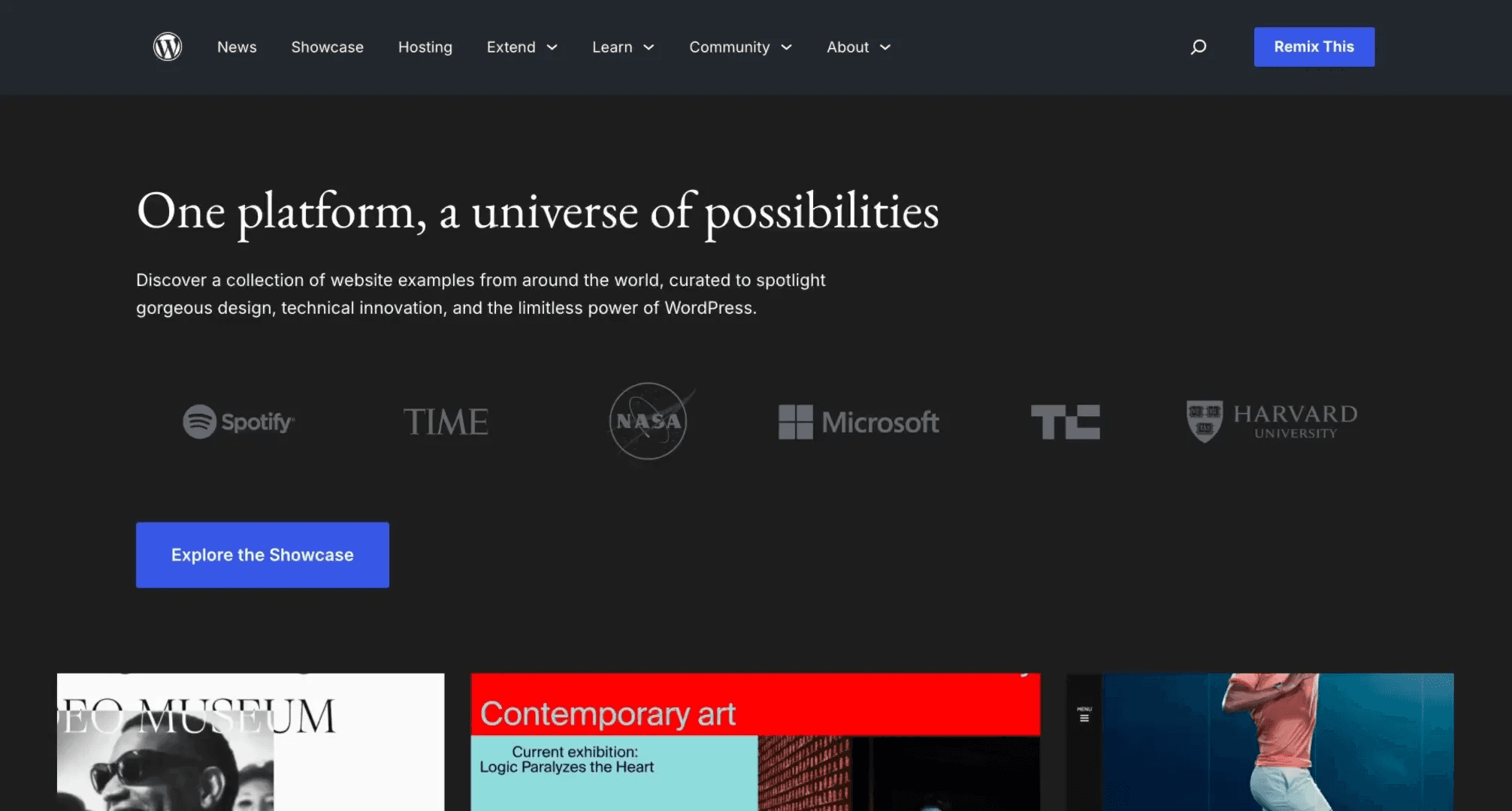 WordPress showcase hero with featured brand logos