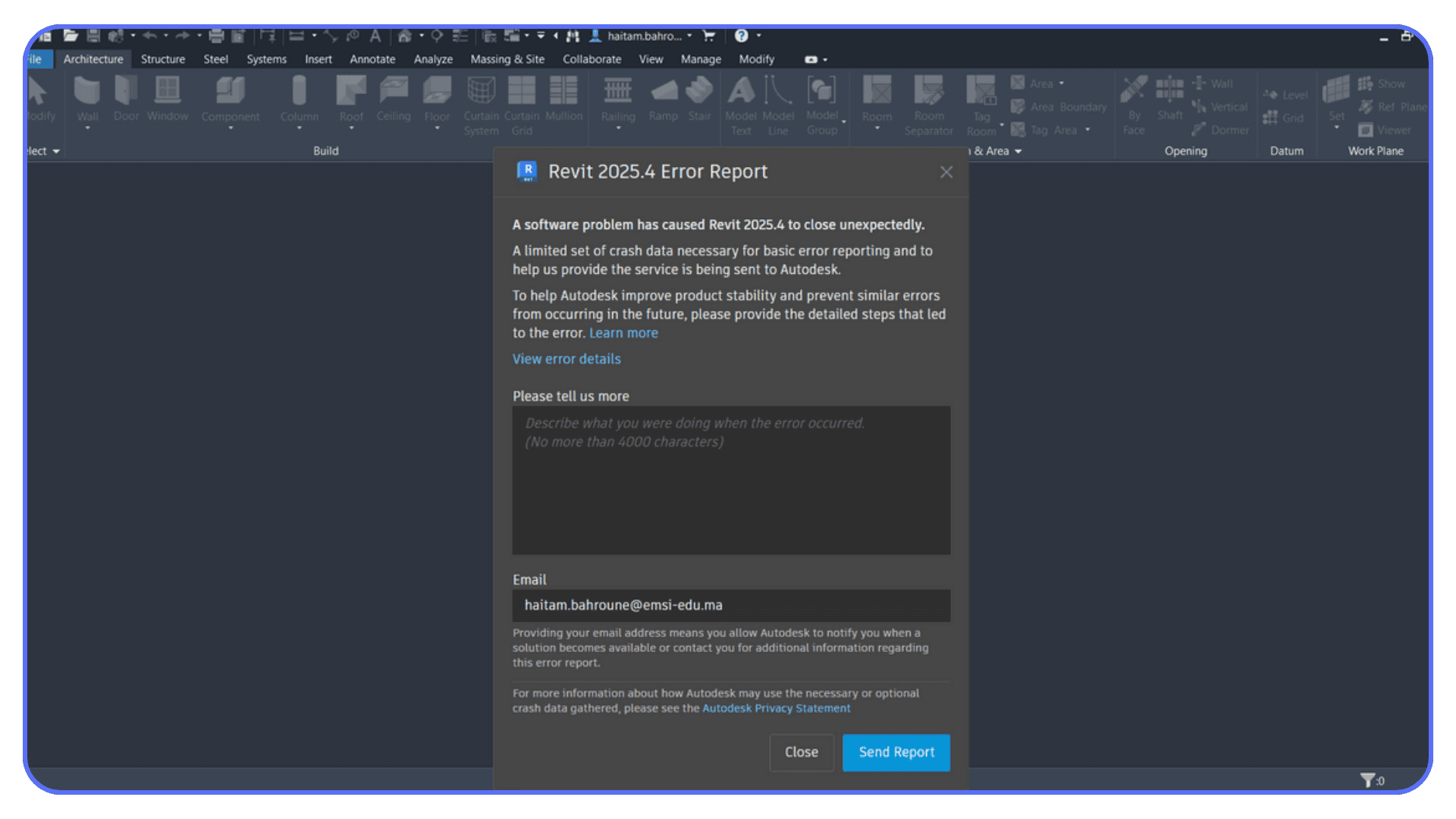 Revit error report dialog after the software closes unexpectedly during a project