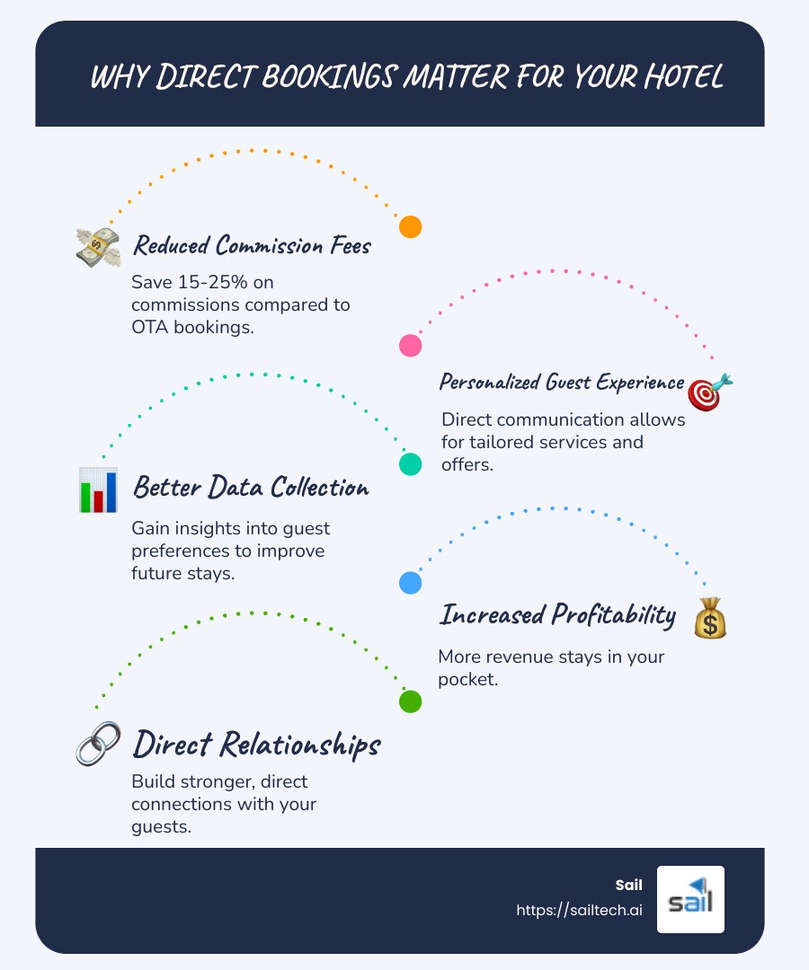 Infographic on the Importance of Direct Bookings - online hotel booking engine work increase direct bookings infographic infographic-line-5-steps-blues-accent_colors