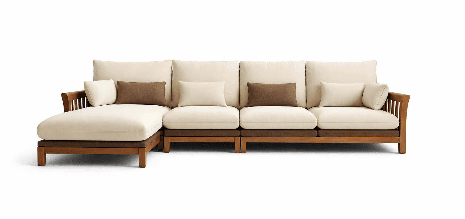Wood‑framed sectional sofa with airy proportions and relaxed classic appeal