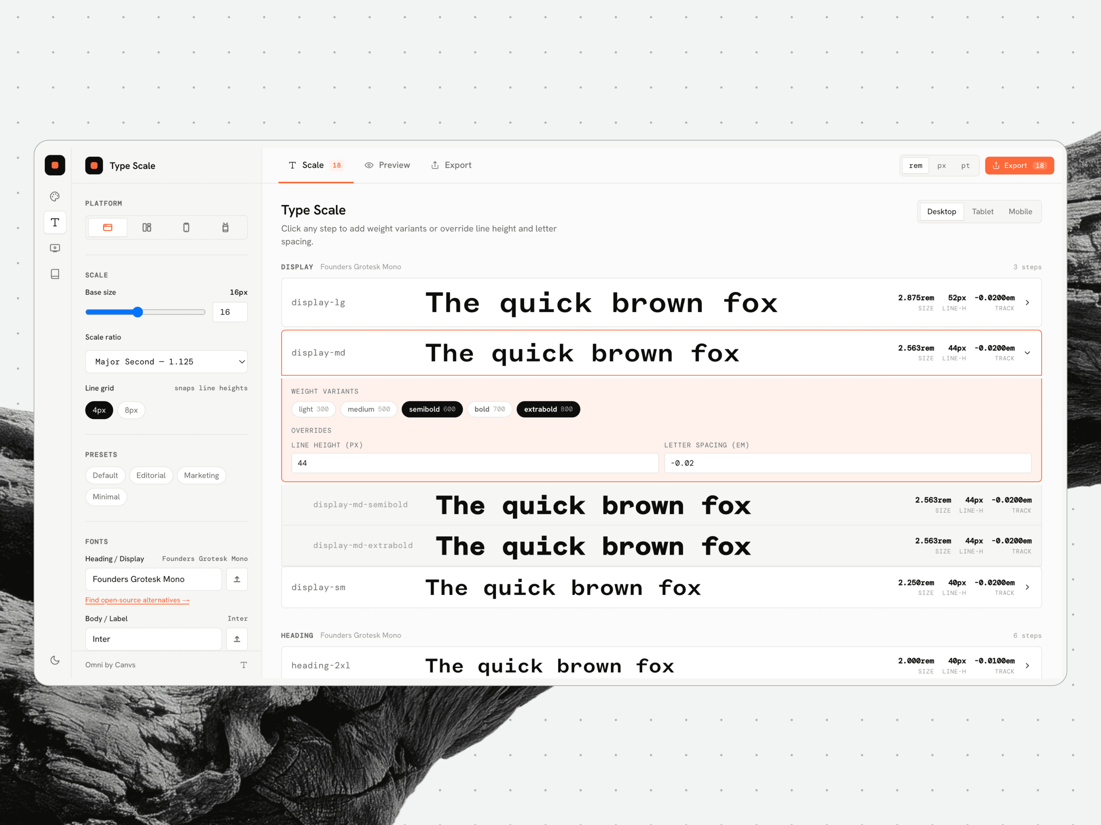 Omni’s type scale view sets each step’s size, line height and weight variants once, then exports them as tokens.