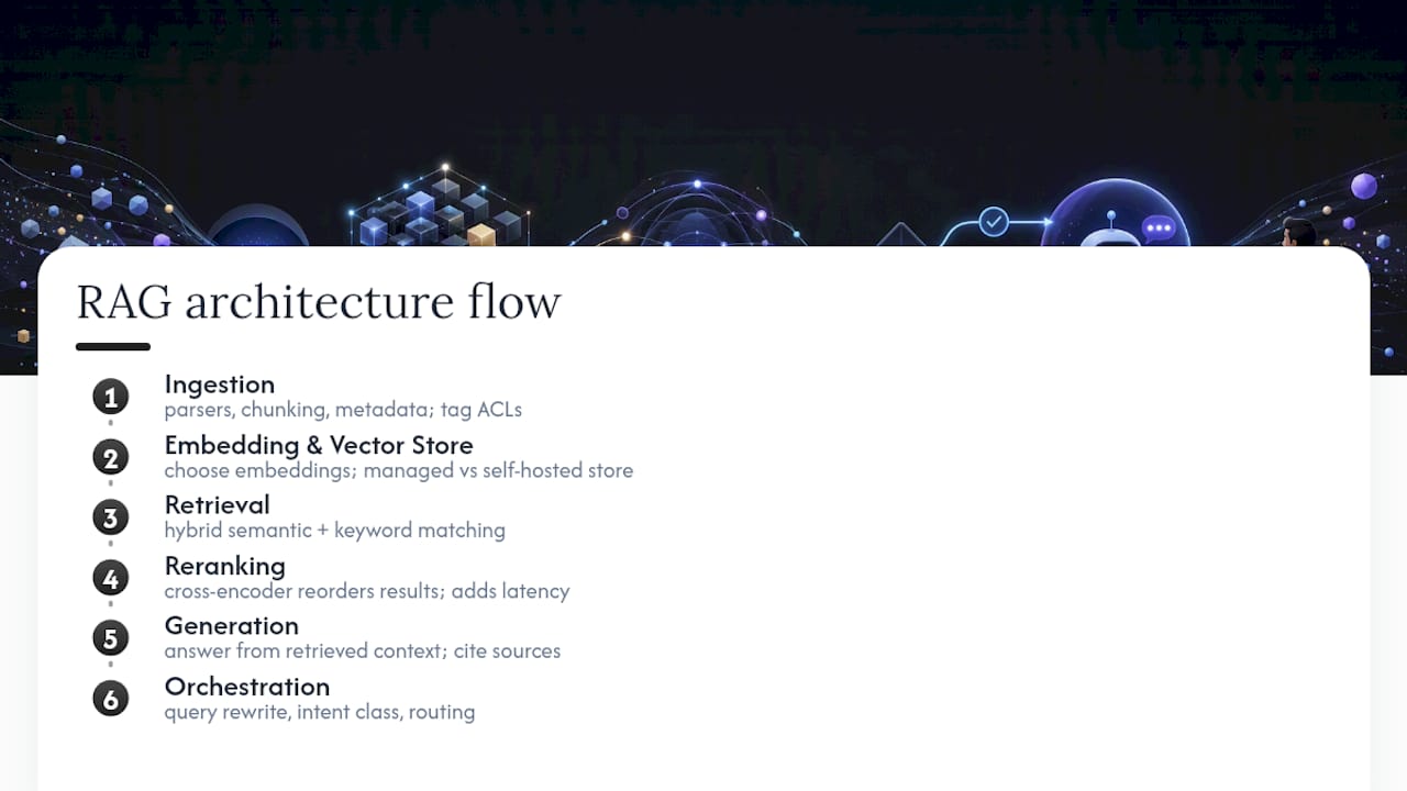 Six-stage production RAG architecture flow
