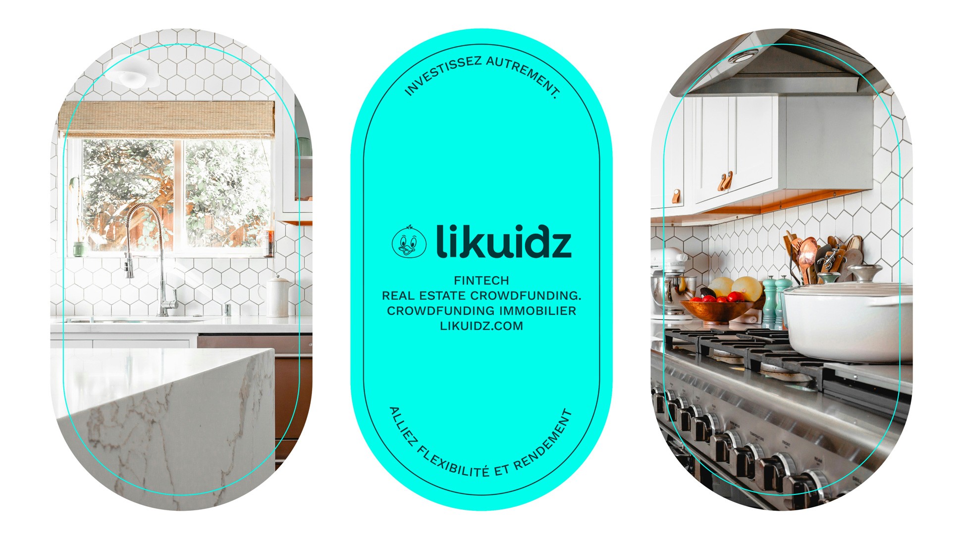 3 capsules sur fond blanc. 2 avec les photos d'une cuisine, 1 avec les infos de la marque.