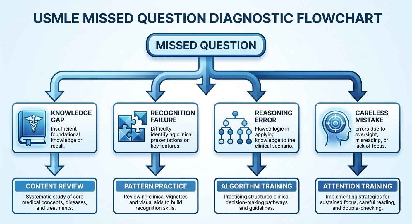 USMLE missed question categorization flowchart showing four types of errors and their specific solutions