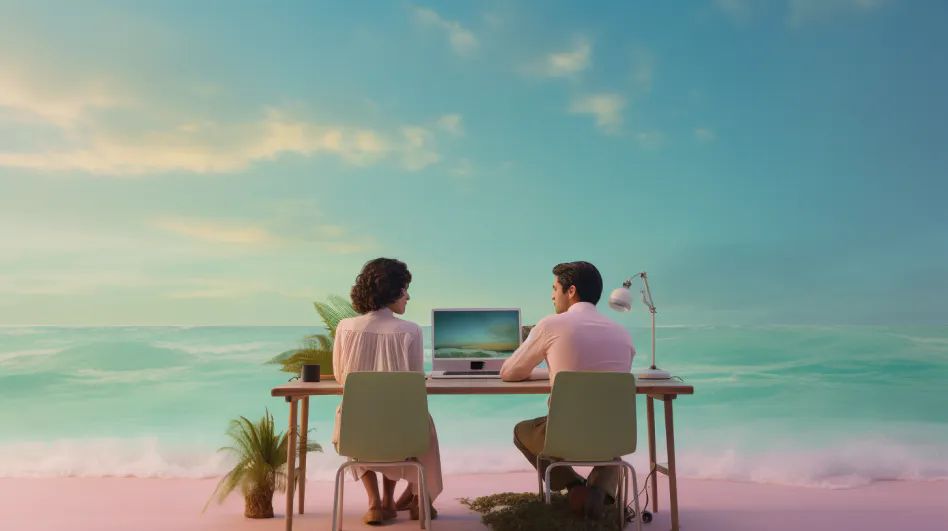 Two people sit on a beach with a desk and a laptop