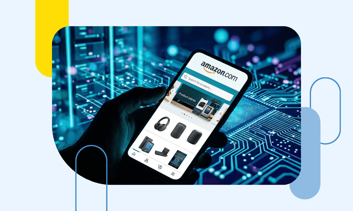 A hand holding a smartphone displaying the Amazon.com storefront against a digital data network background, representing Amazon's technology infrastructure and the risk of system outages for 1P Vendors.