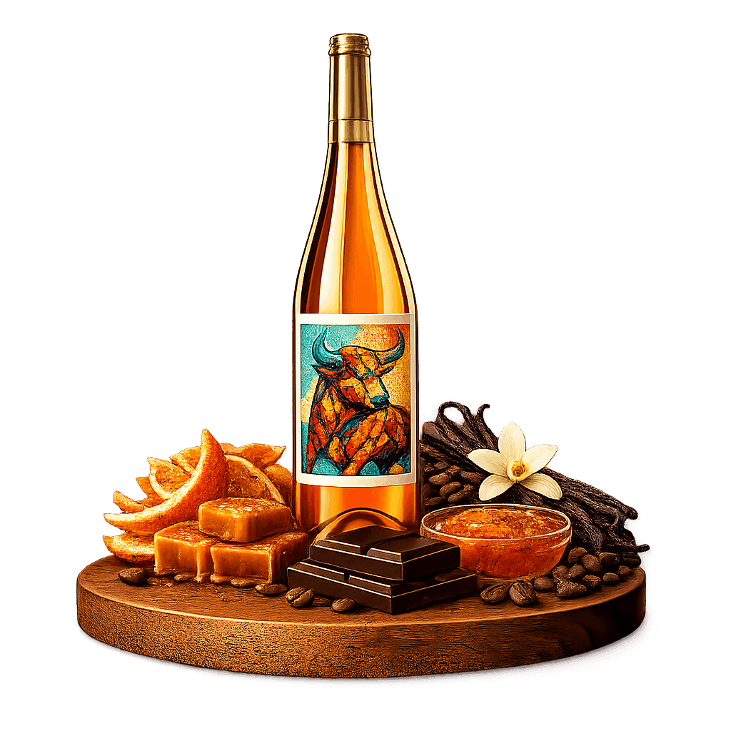 Artistic label and flavor profile for Spanish Orange Wine on a rustic wooden table.