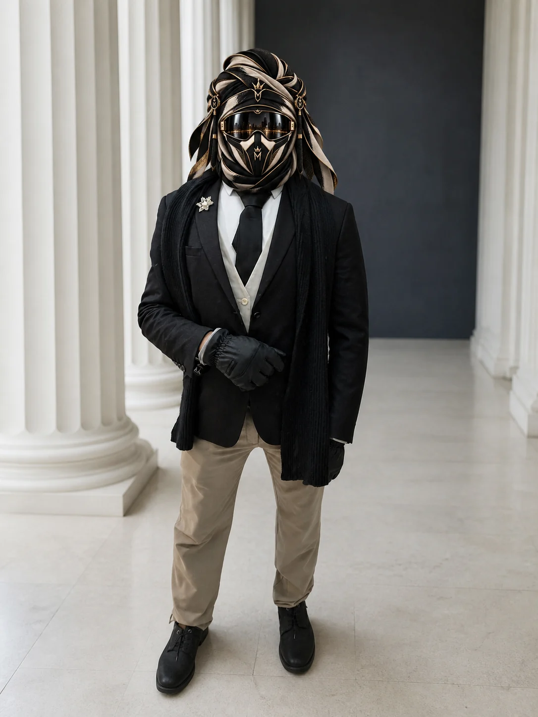 Full-length view of Black Jacket, Tan Trousers, worn with a dark scarf, black gloves and black shoes, with the official Marzelest face covering.