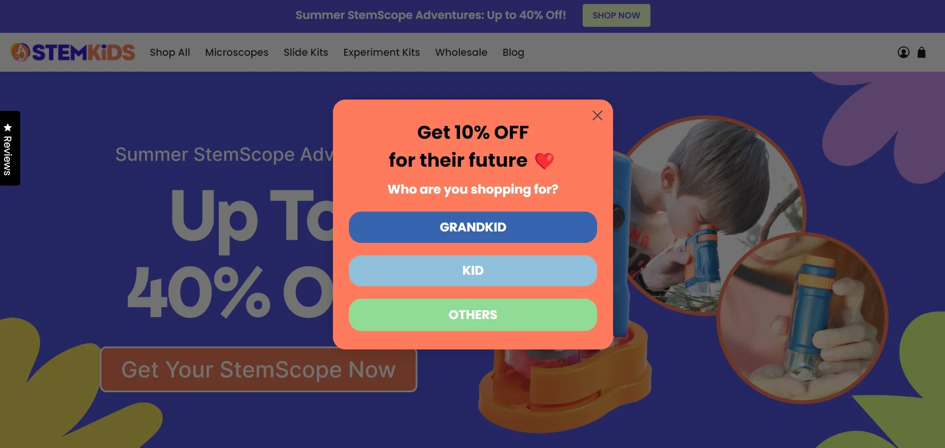 Segmented exit-intent popup for STEMKIDS featuring a 10% discount offer and a survey question to identify if the shopper is a parent or grandparent