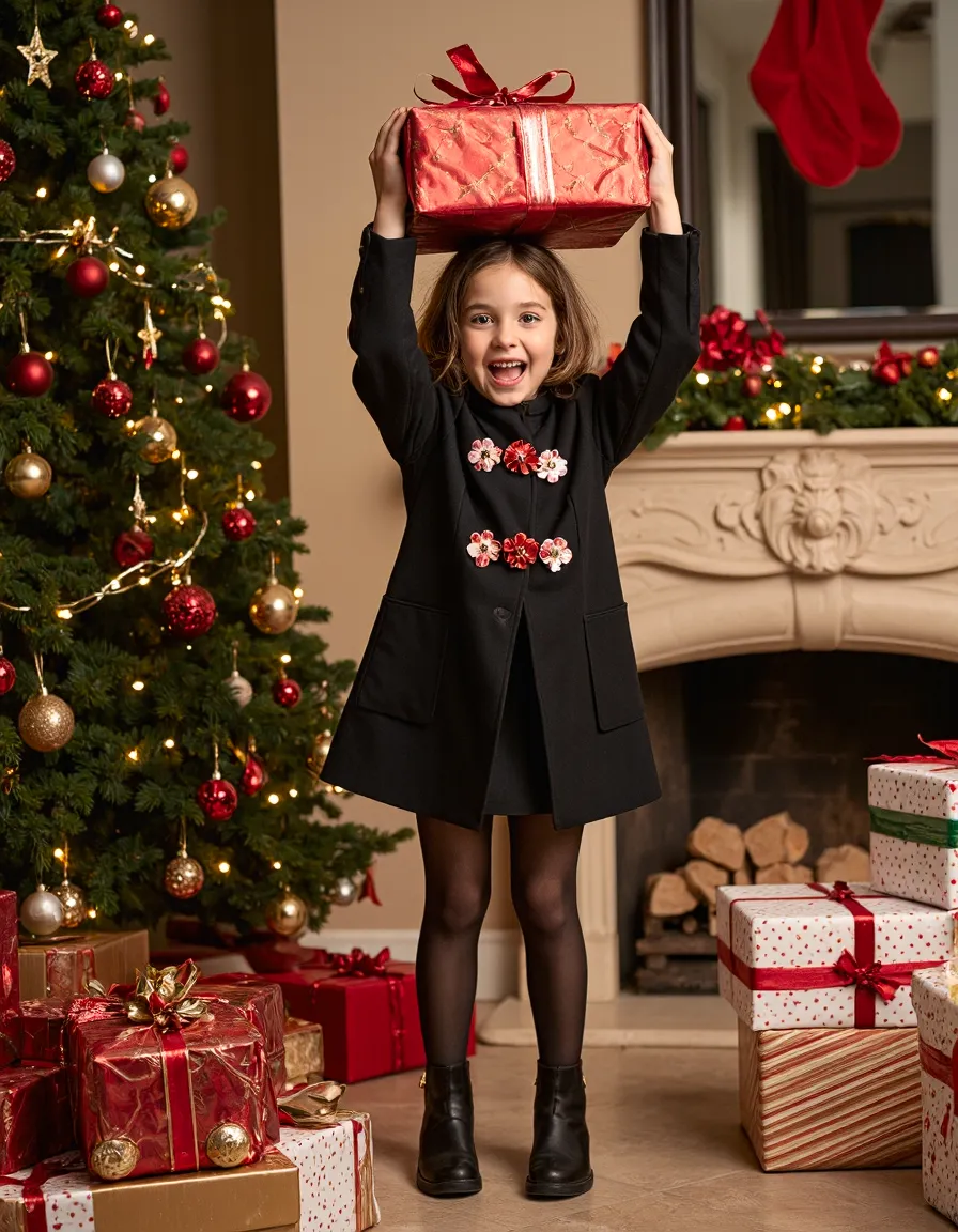 Young girl in black dress joyfully holding Christmas present above head near decorated tree and fireplace