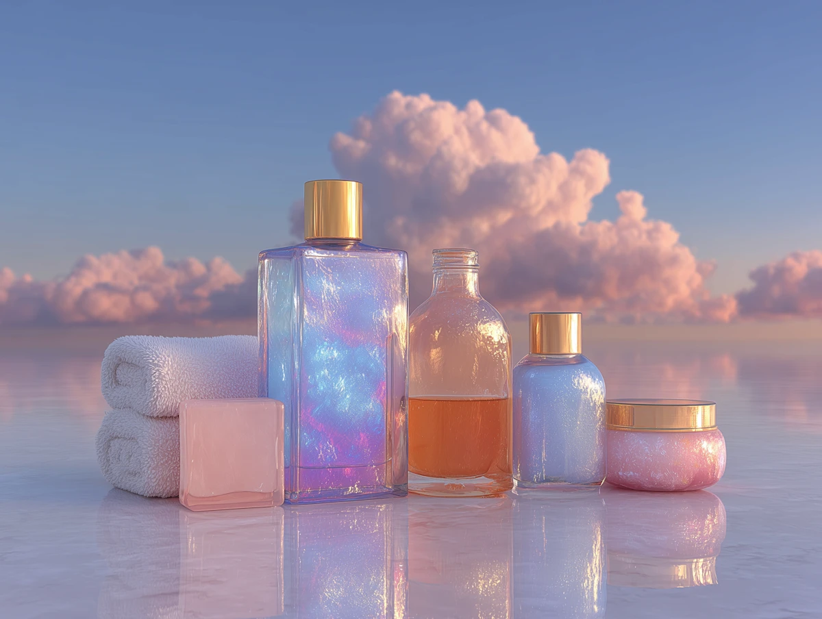 Iridescent cosmetic bottles with gold caps and white towels reflecting on calm water at sunset.