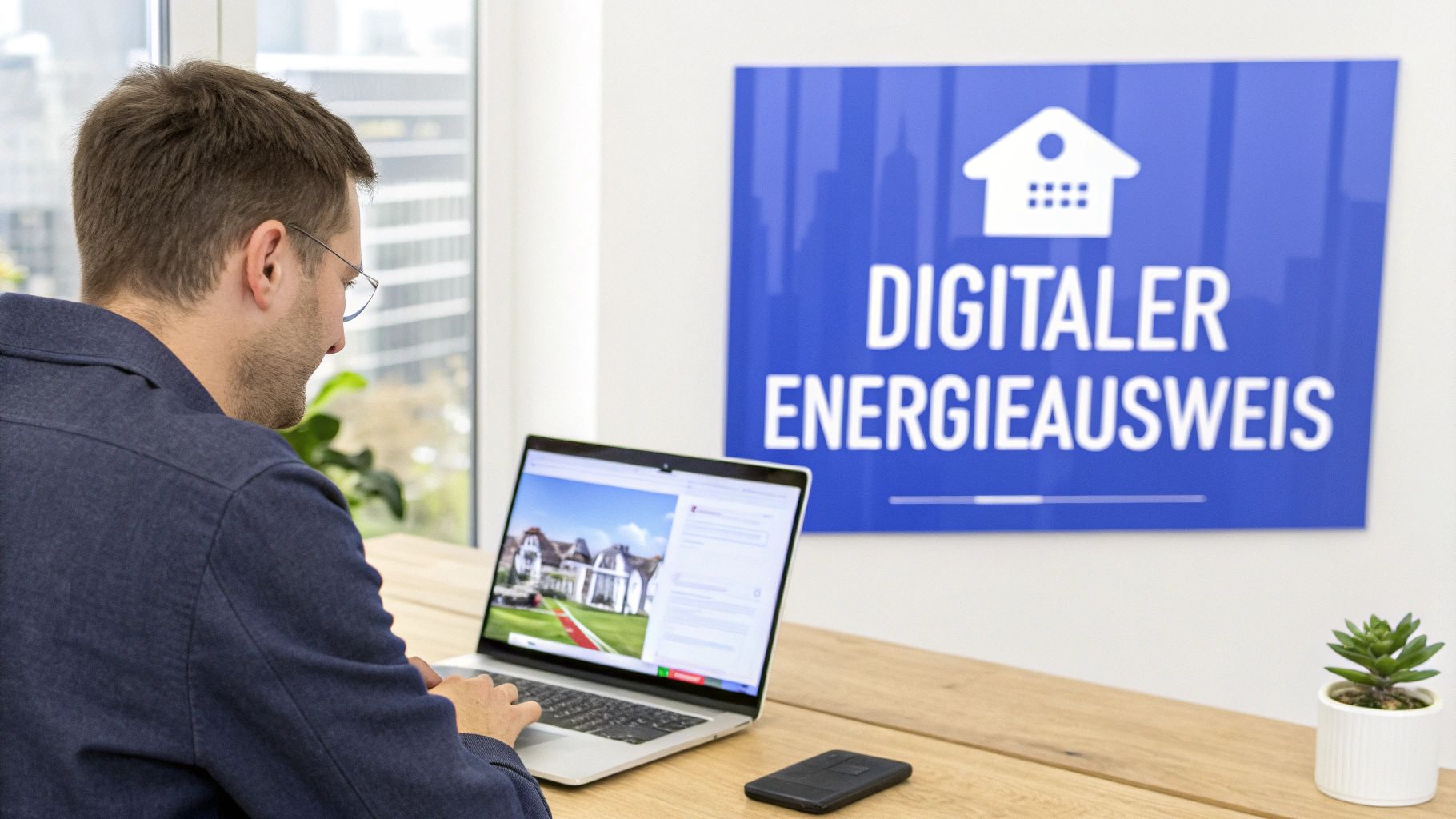 Ein Mann arbeitet an einem Laptop vor einem blauen Schild mit der Aufschrift 'DIGITALER ENERGIEAUSWEIS'.