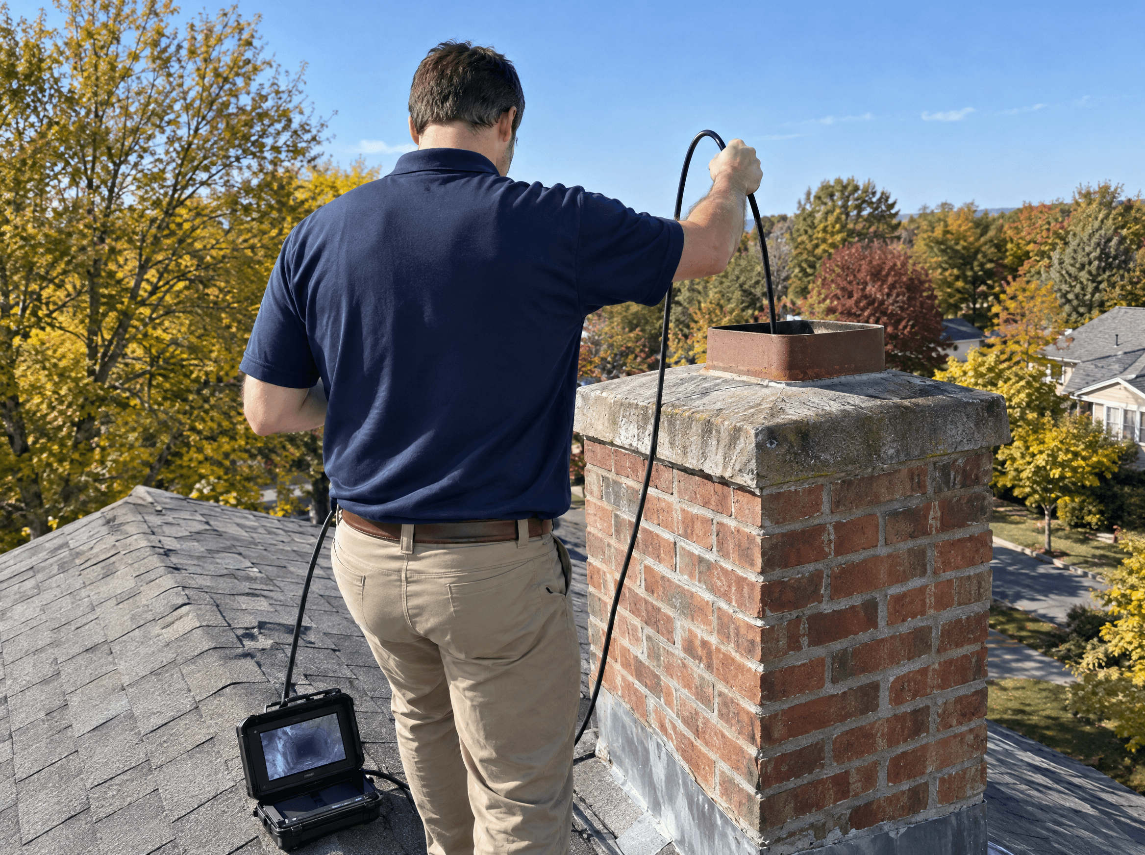 Inspector lowering a camera into a brick chimney flue