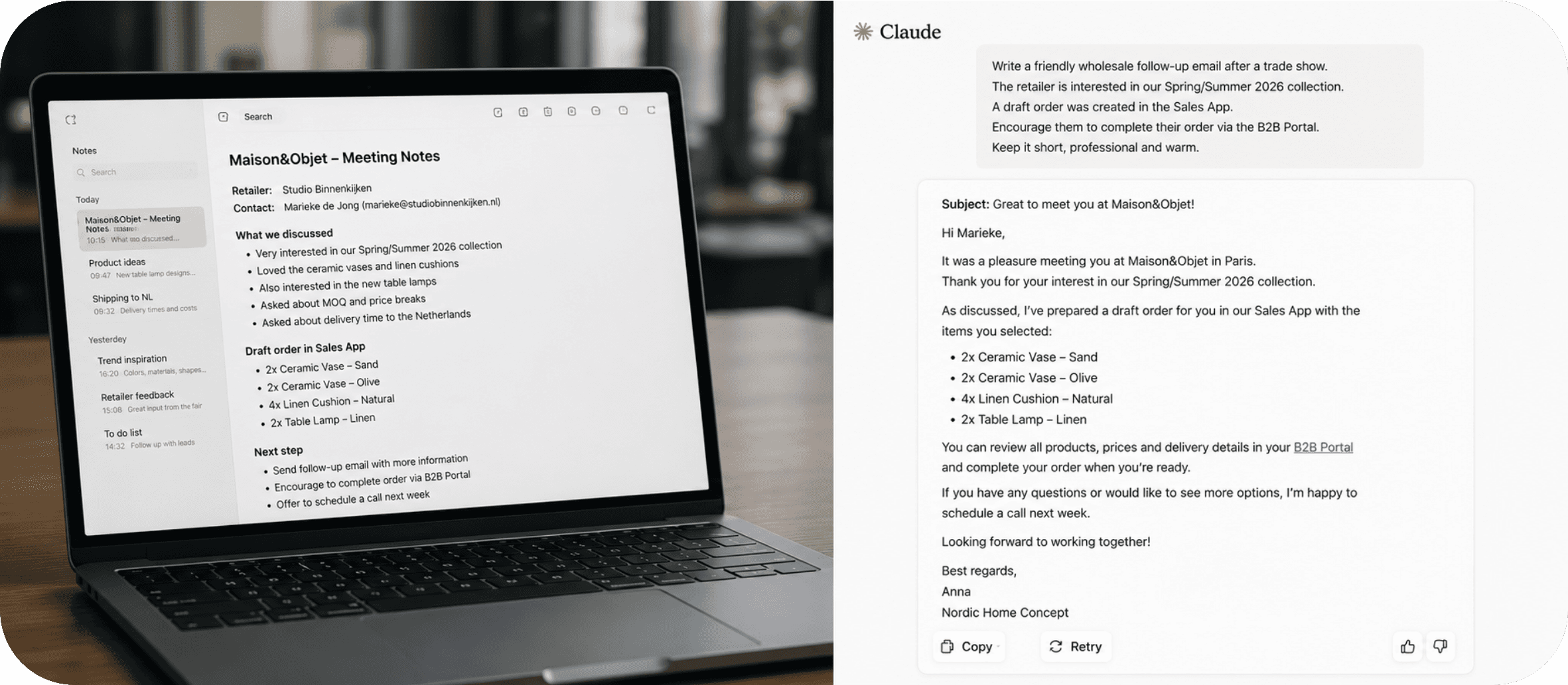 Claude AI drafting a wholesale follow-up email after a trade show based on meeting notes from a sales conversation