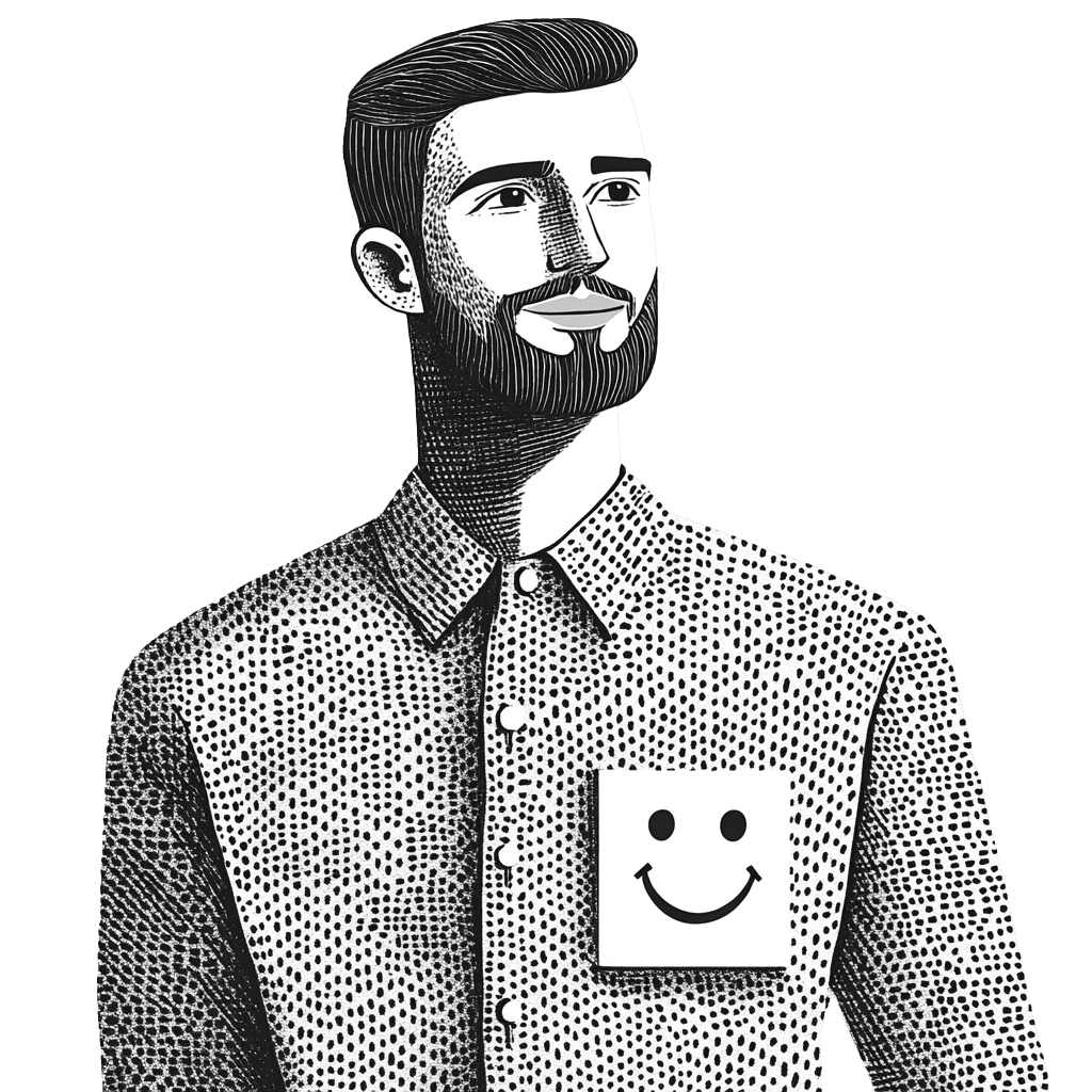 Illustration of a smiling bearded man wearing a printed shirt and a smiley badge.
Concept of satisfaction and positivity.