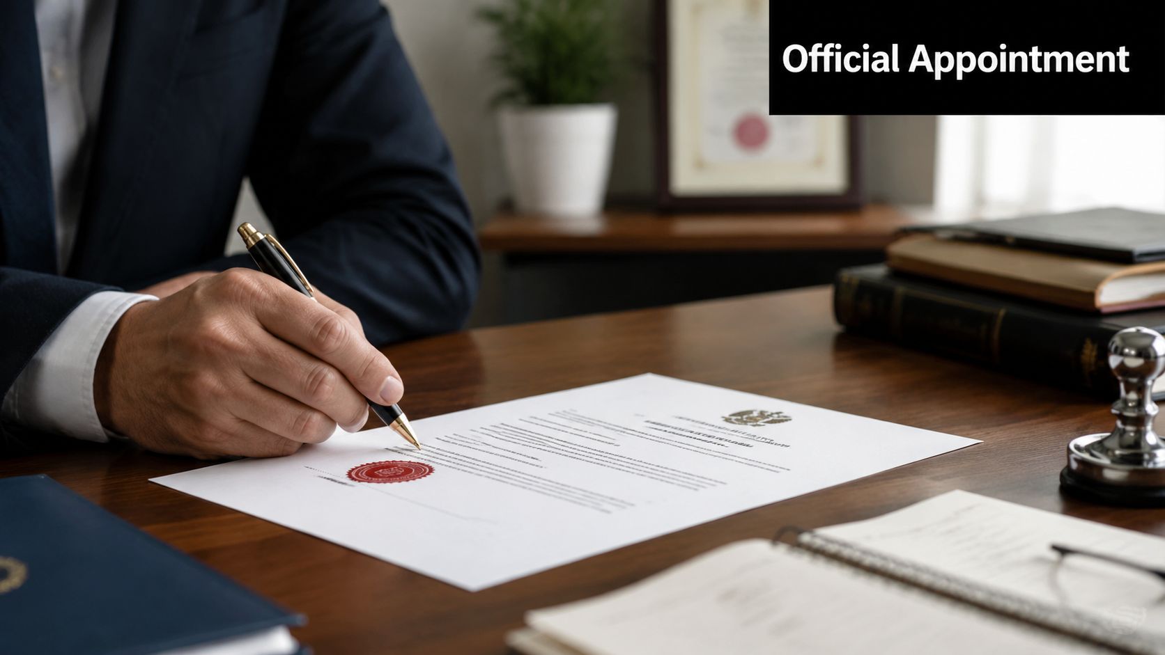 A professional in a suit signing an official document at a desk with a seal and office items.