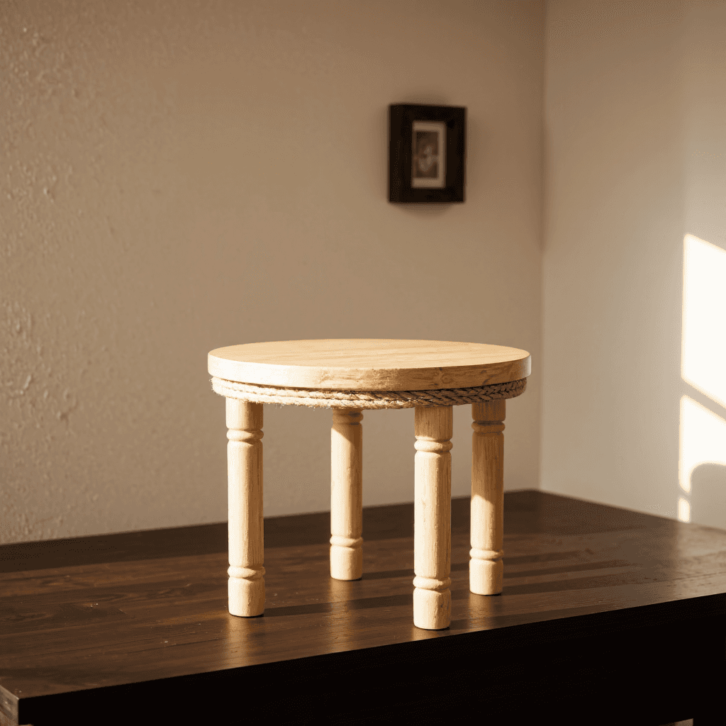 product photography of a small wooden table with a rope border, used for decorative purposes or as a display stand