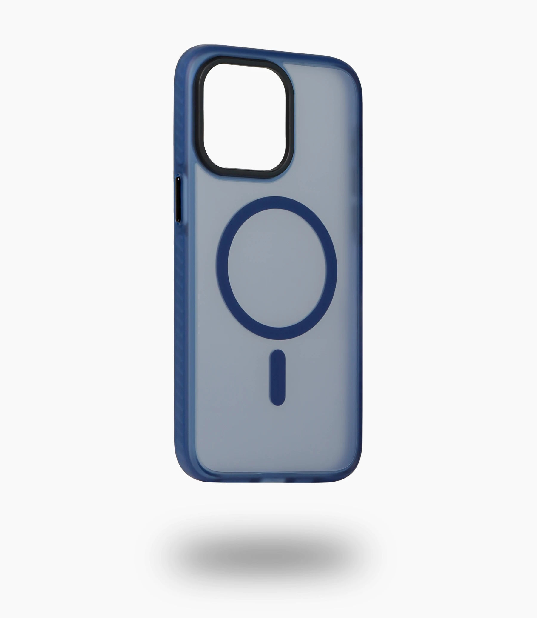 Empty blue MagSafe case with large camera opening floating against a white background.