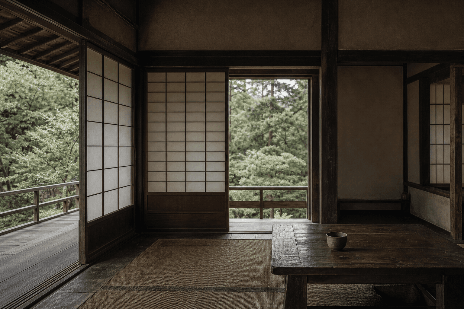 Quiet timber-and-glass interior of a traditional Japanese house
