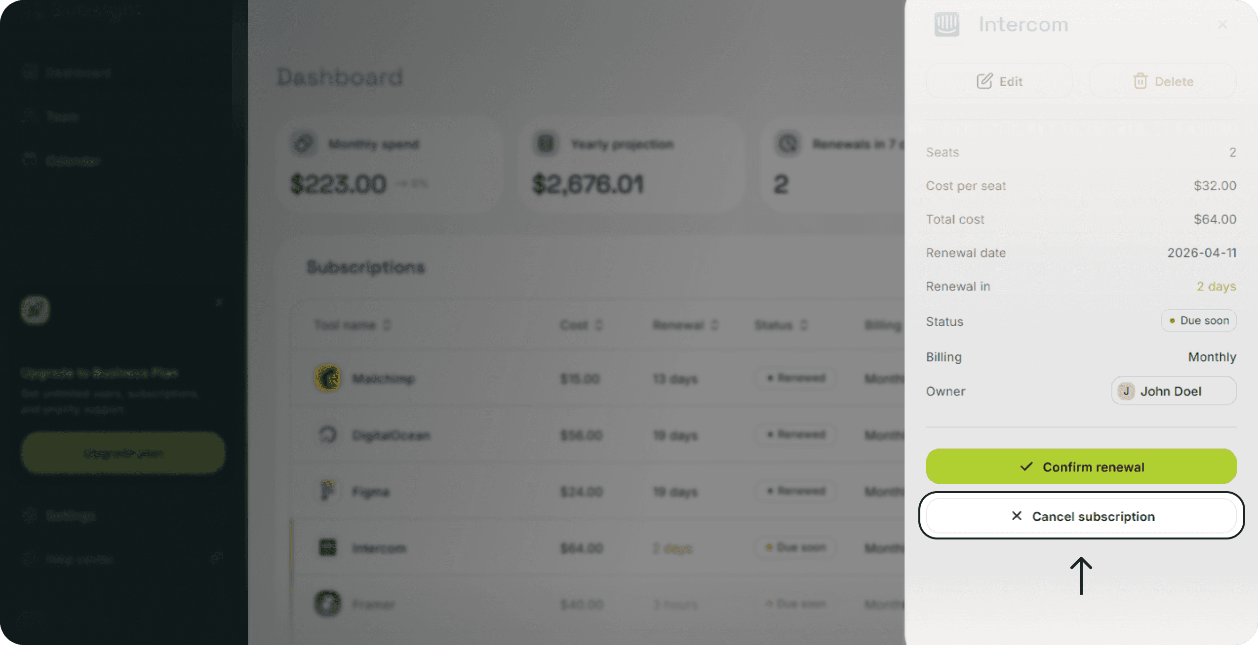 Subsight subscription panel showing cancel subscription button at the bottom of the details panel.