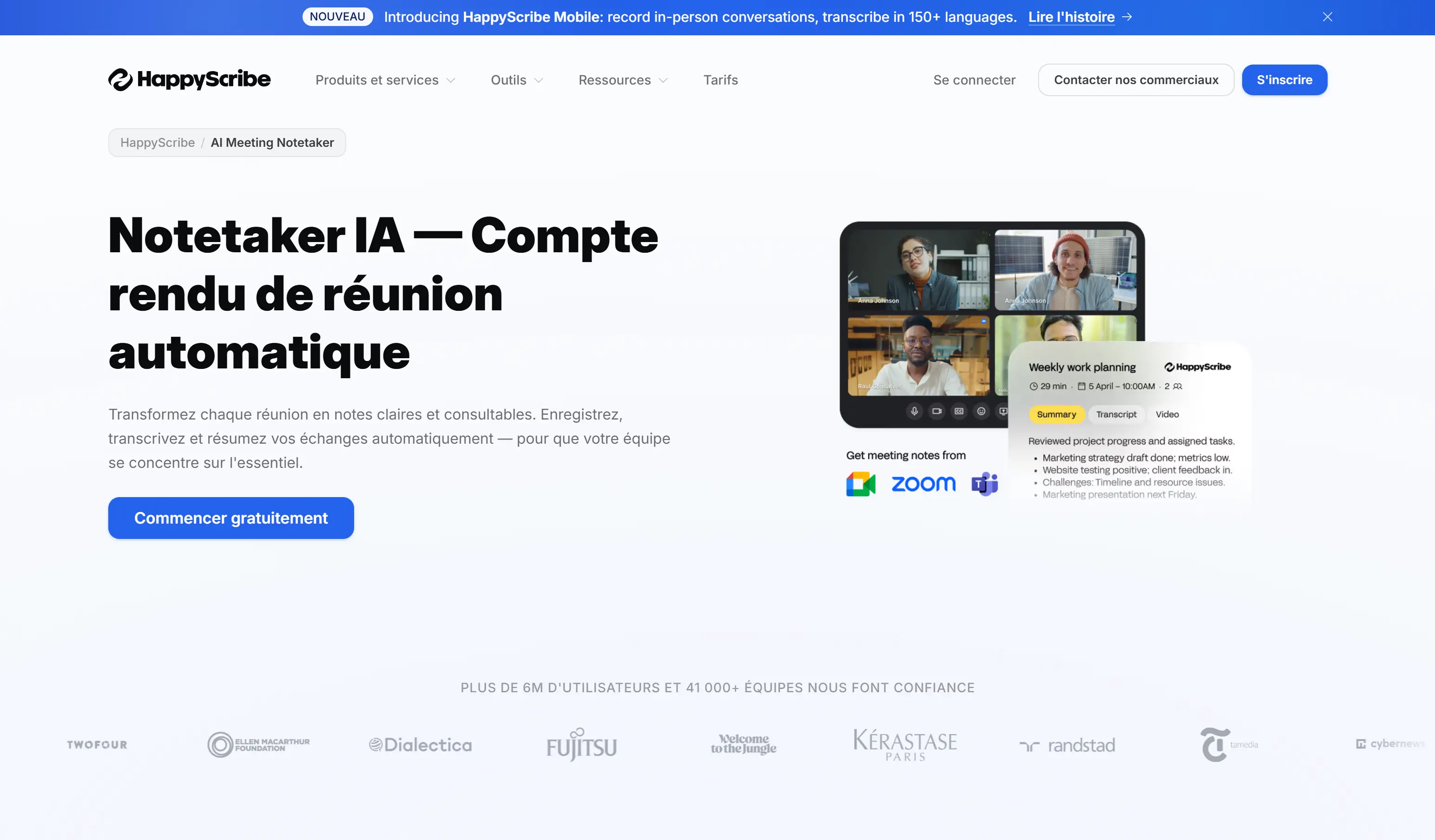 Ecran d'acceuil HappyScribe