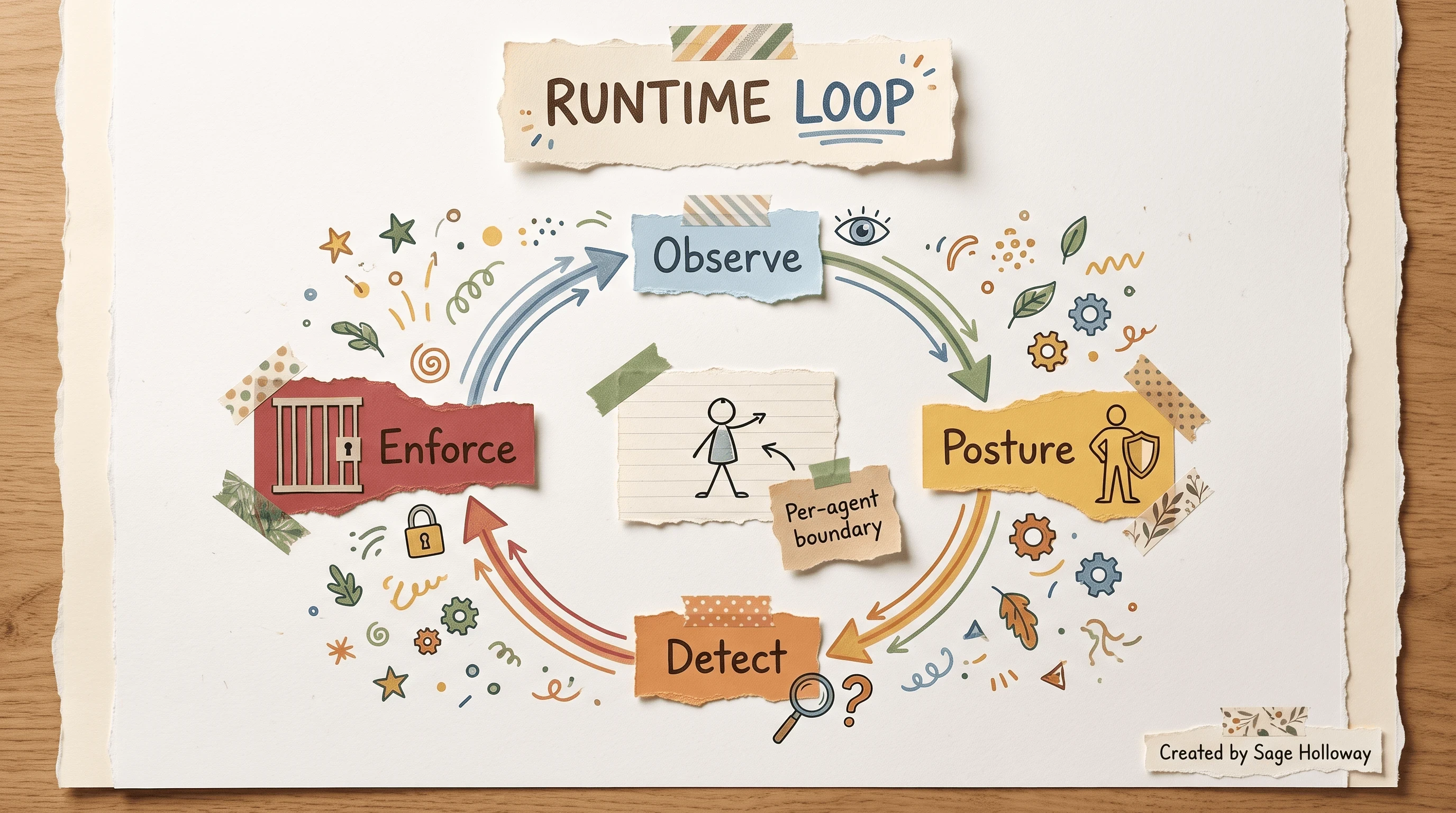 Scrapbook diagram of Observe, Posture, Detect, Enforce runtime security for financial services AI agents