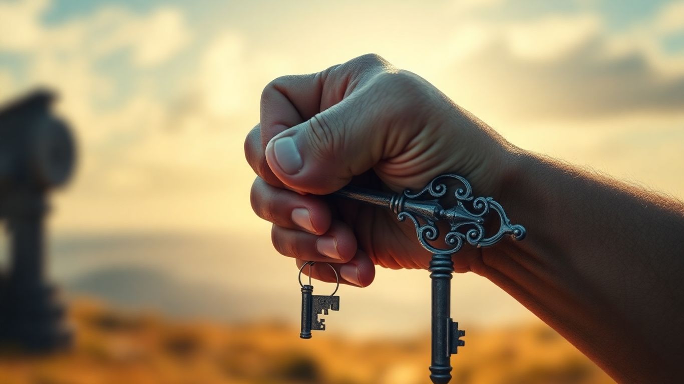 Hand holding a heavy, ornate key against a blurred landscape.