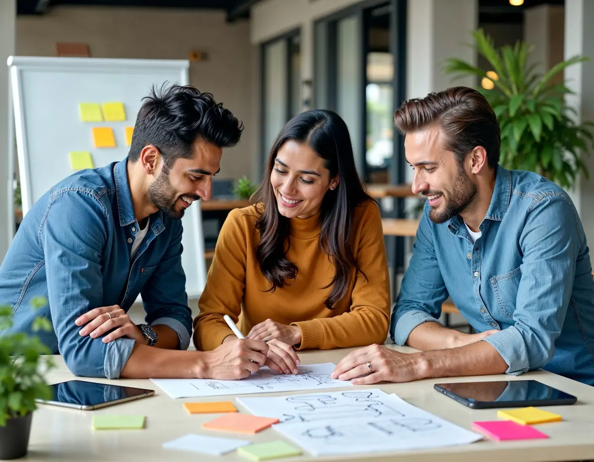 People writing notes during creative collaboration in modern workspace