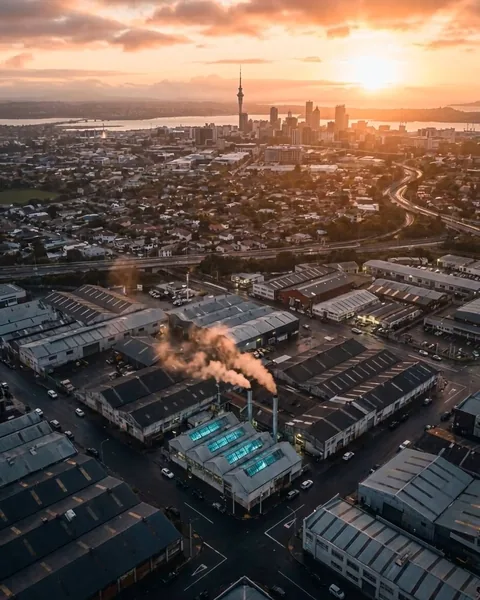 A factory district from the air at sunset