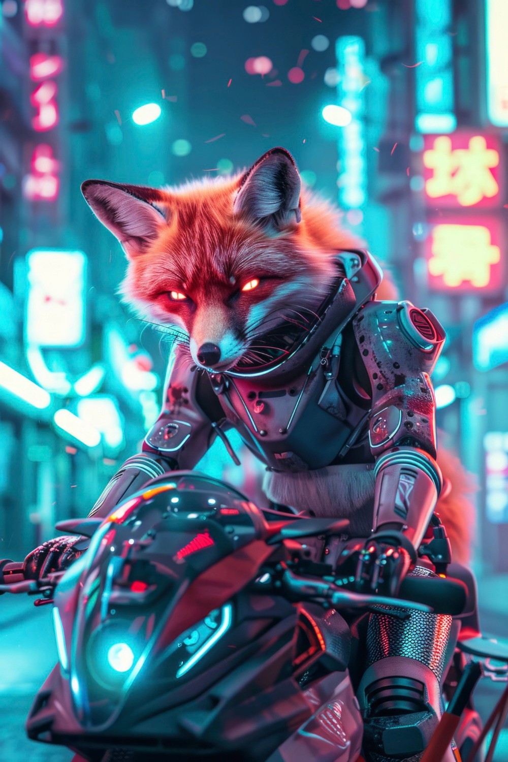 A cybernetic fox with glowing red eyes riding a futuristic motorcycle in a neon city