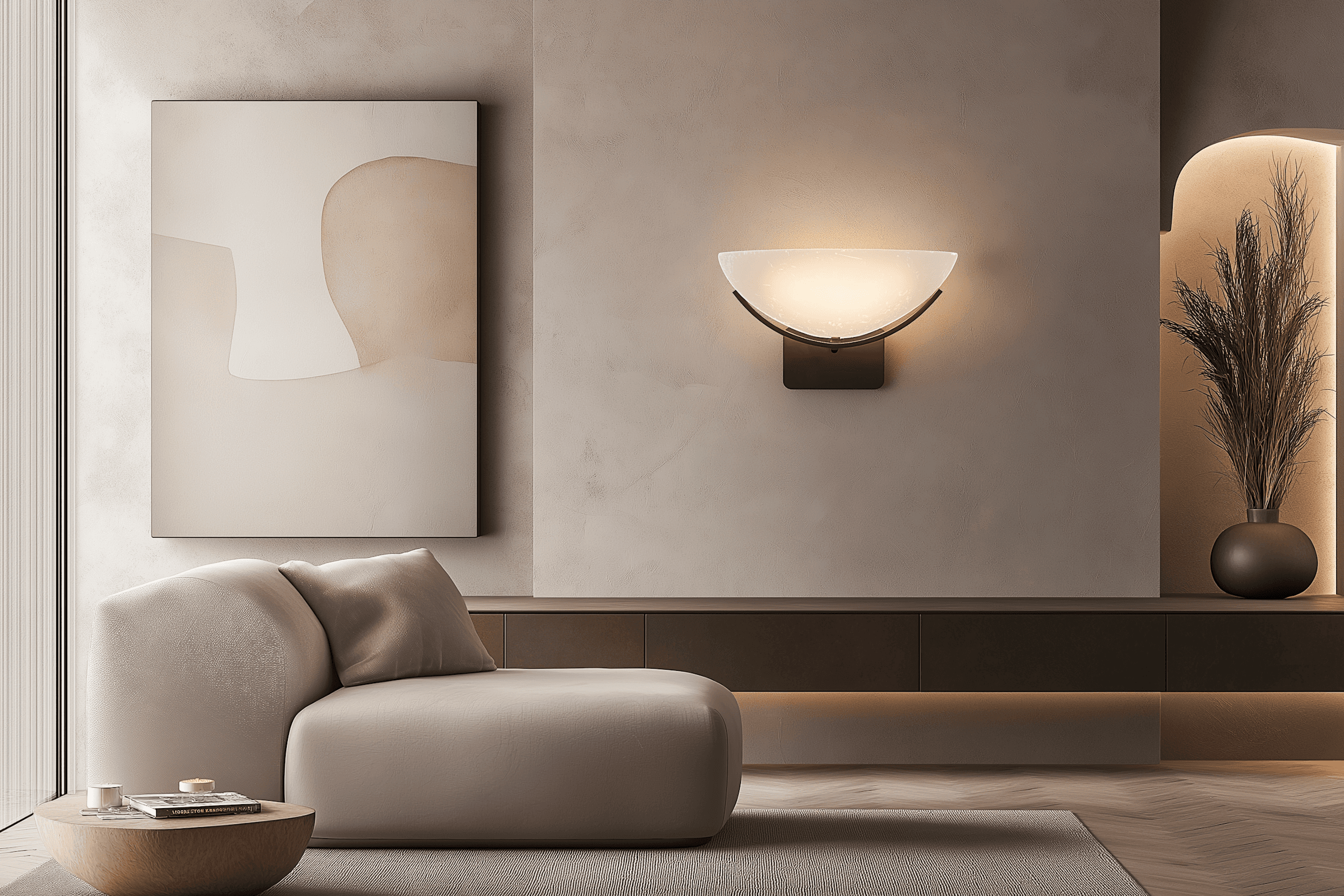 Elegant modern living room with cream sofa, abstract art, and warm lighting. Neutral tones create a serene and sophisticated ambiance.