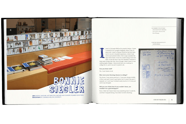 The image shows an open book displaying text and diagrams. The left page features the name "BONNIE SIEGLER" in blue text. Below it, a description reads: "JOB: GRAPHIC DESIGNER; PARTNER AND FOUNDER; NUMBER SEVENTEEN; EDUCATION: BA, CARNEGIE MELLON UNIVERSITY." The right page contains text that begins with "W" and continues with questions and answers related to graphic design and typography, including “Can you draw well?”, “How were your drawing classes?”, and “Did you know I could be a graphic designer?” Accompanying these text elements are hand-drawn diagrams and notes in the margins of the right page.
