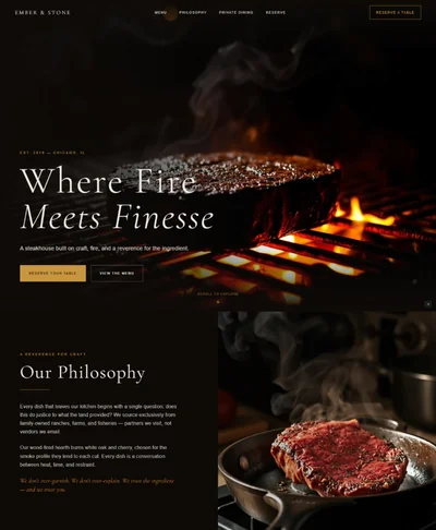 Restaurant website AI prompt – Ember & Stone dark editorial design preview