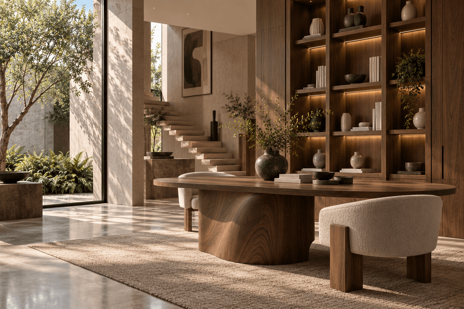 Sculptural walnut table in a sunlit library