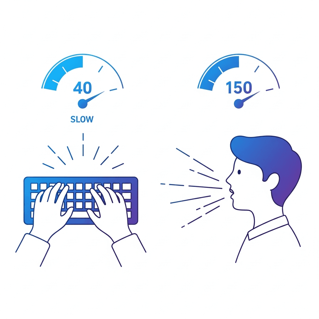 A clean, modern illustration showing the speed comparison between typing and speaking. On the left side, hands typing on a keyboard with a slow speedometer or progress indicator showing 40. On the right side, a person speaking with sound waves and a fast speedometer showing 150. Use a blue and purple gradient color scheme with minimalist design. The visual should clearly demonstrate that speaking is much faster than typing, with dynamic motion lines or speed indicators. No text or letters in the image.