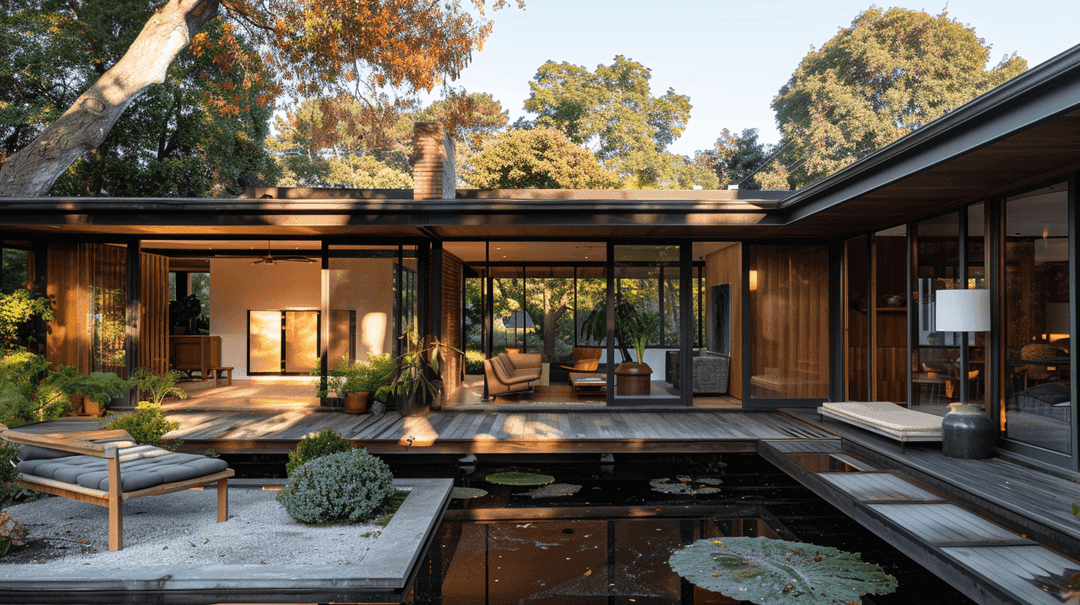 Midcentury modern home with wood siding, flat roof, koi pond, and covered patio at golden hour