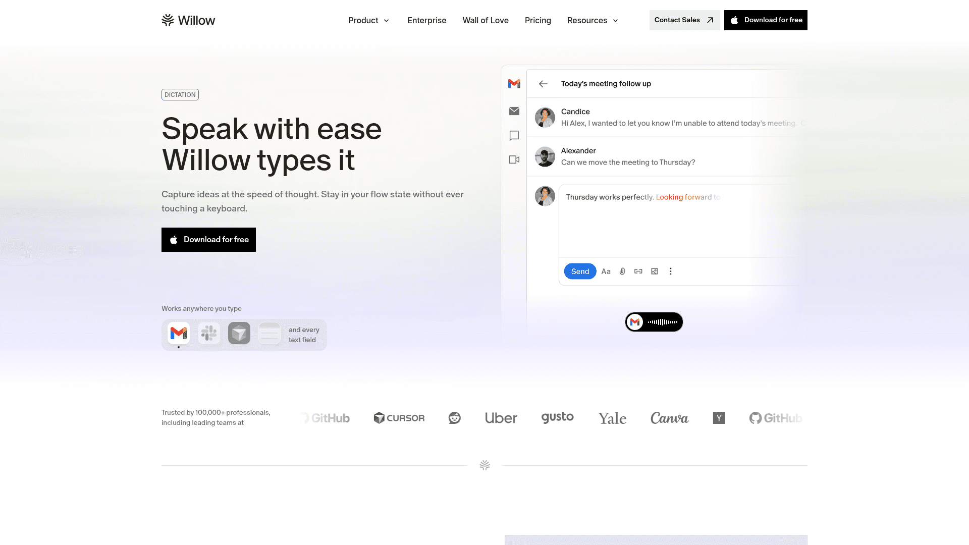 Screenshot of https://willowvoice.com/features/dictation