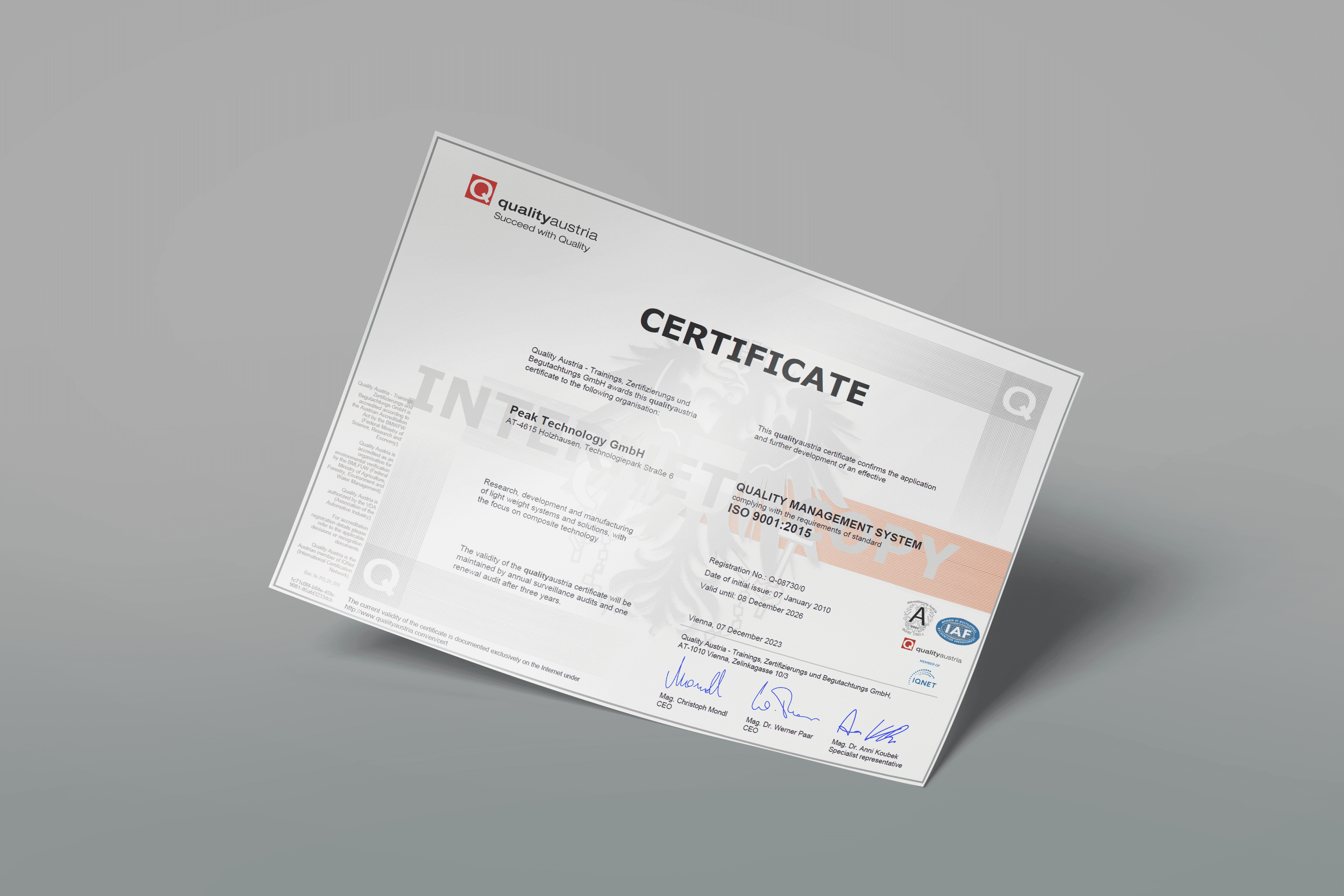 Mockup of Peak Technology's ISO 9100 certificate