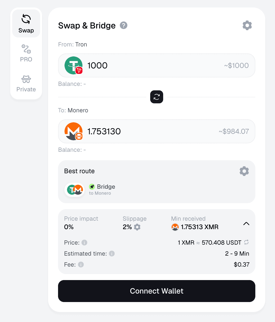 Symbiosis app: 1,000 USDT on Tron to 1.753130 XMR on Monero, route Bridge to Monero, estimated time 2 to 9 minutes, gas estimate 0.37 dollars