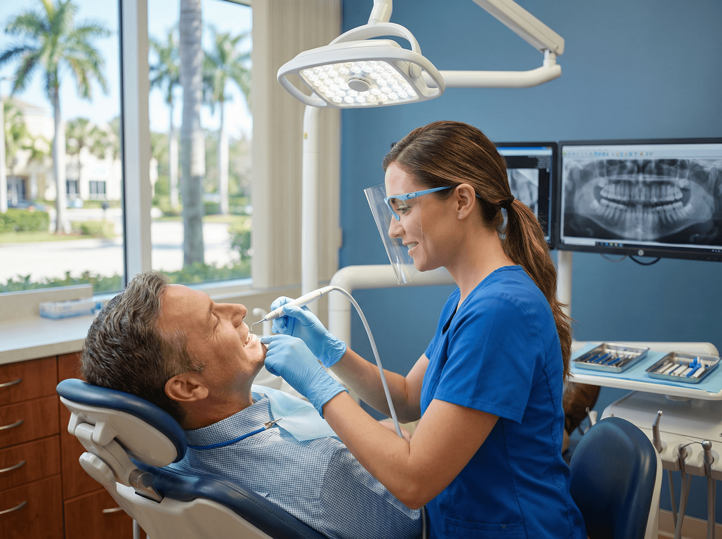 dental hygienist performing professional scaling and root planing deep cleaning for patient recovering from years of dental neglect