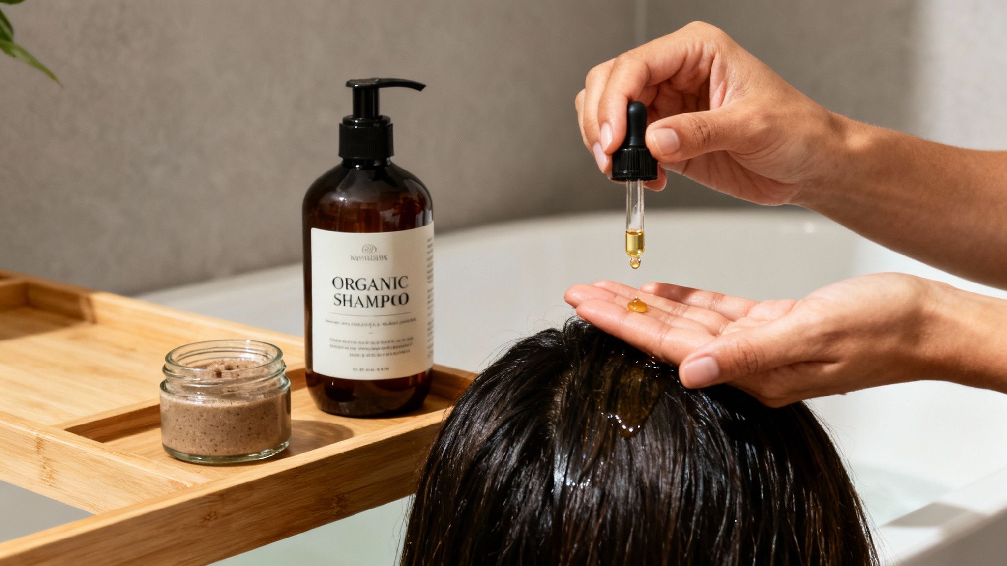 A person applying hair oil to their scalp with a dropper, next to organic shampoo and scrub.