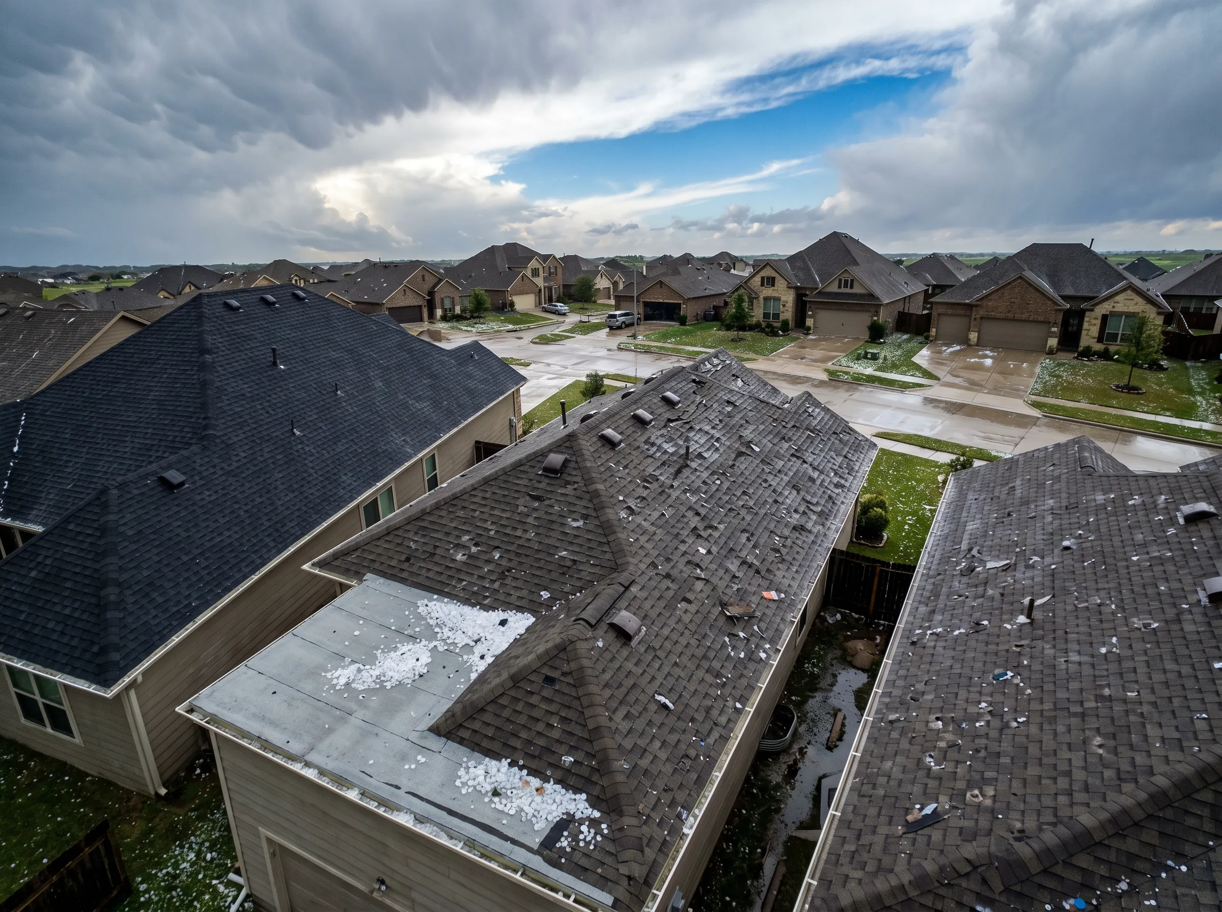 Aerial view of suburban homes showing roof storm damage and repair patches after severe weather.