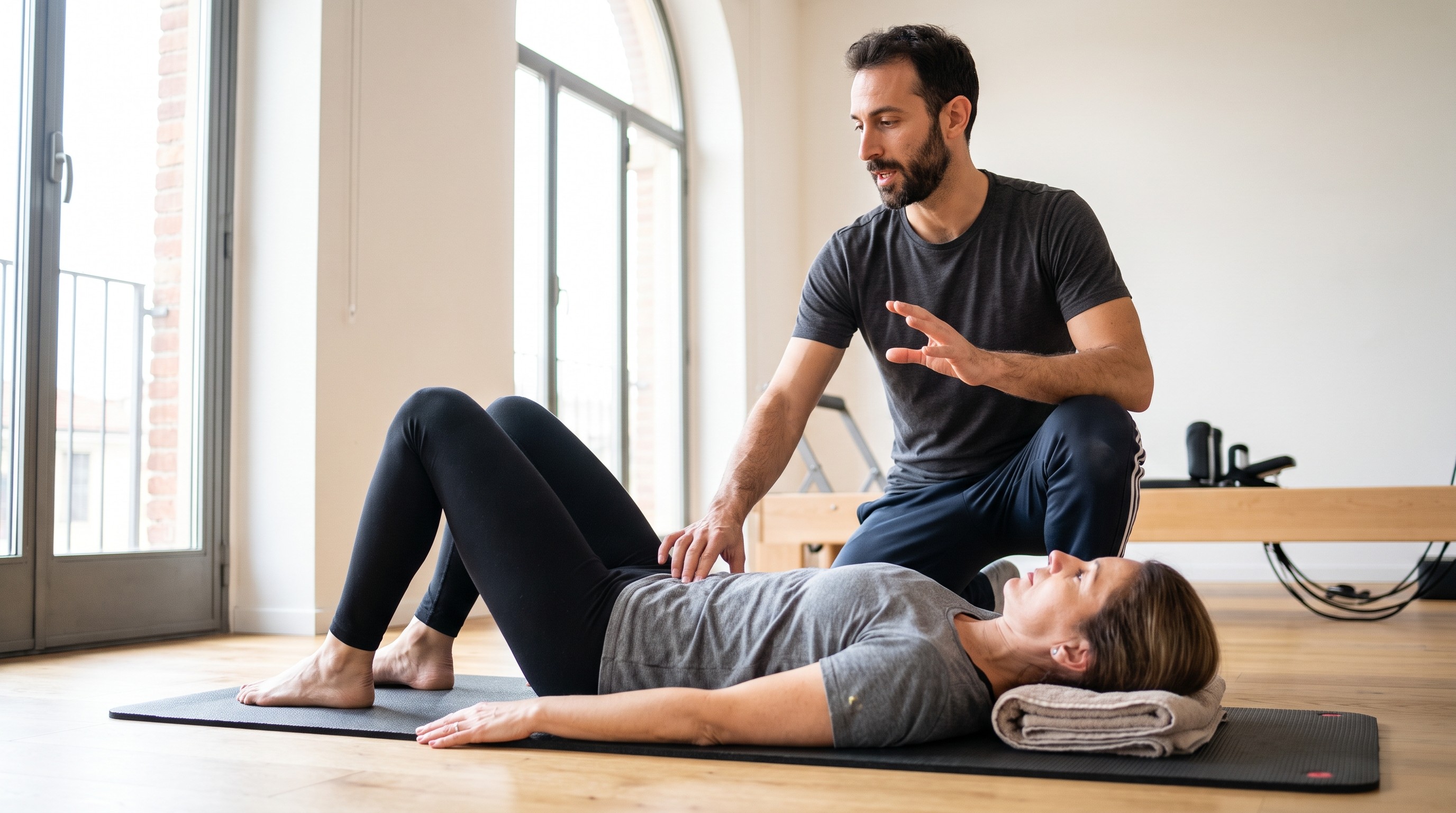Istruttore AIF guida cliente nell'attivazione del core durante esercizio Pilates su tappetino