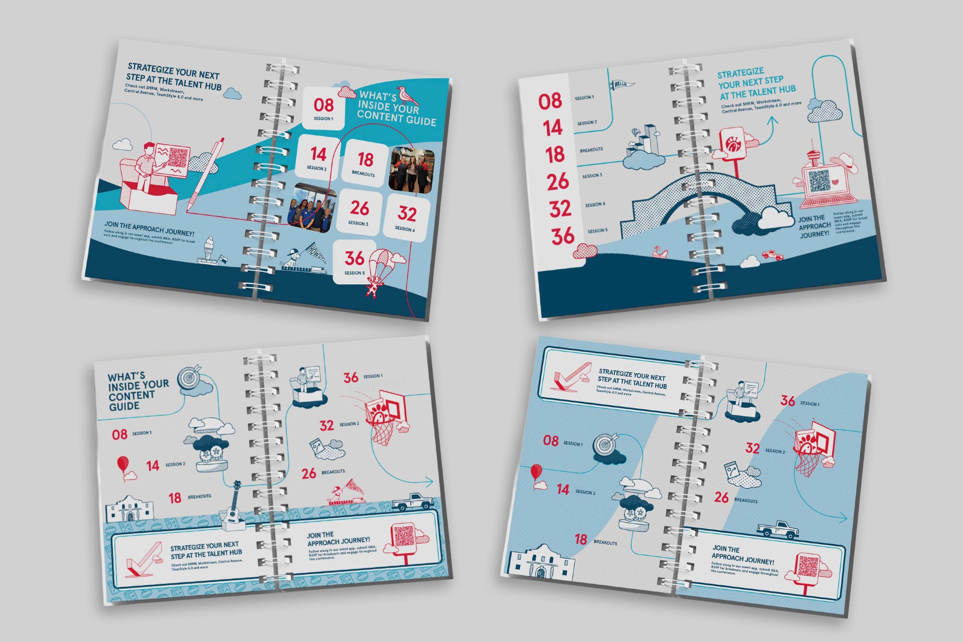 Information Architecture. Navigating the conference journey through four unique table of contents layouts, each utilizing path-based storytelling and signature illustrations.