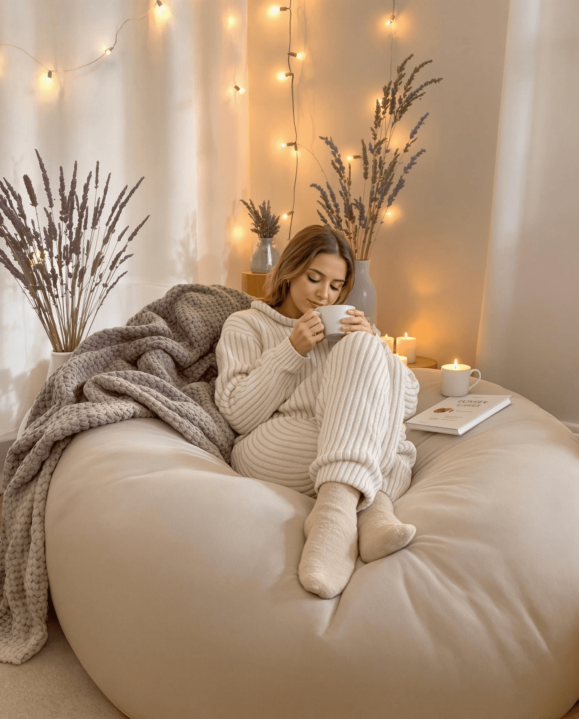 Woman drinking coffee on bean bag