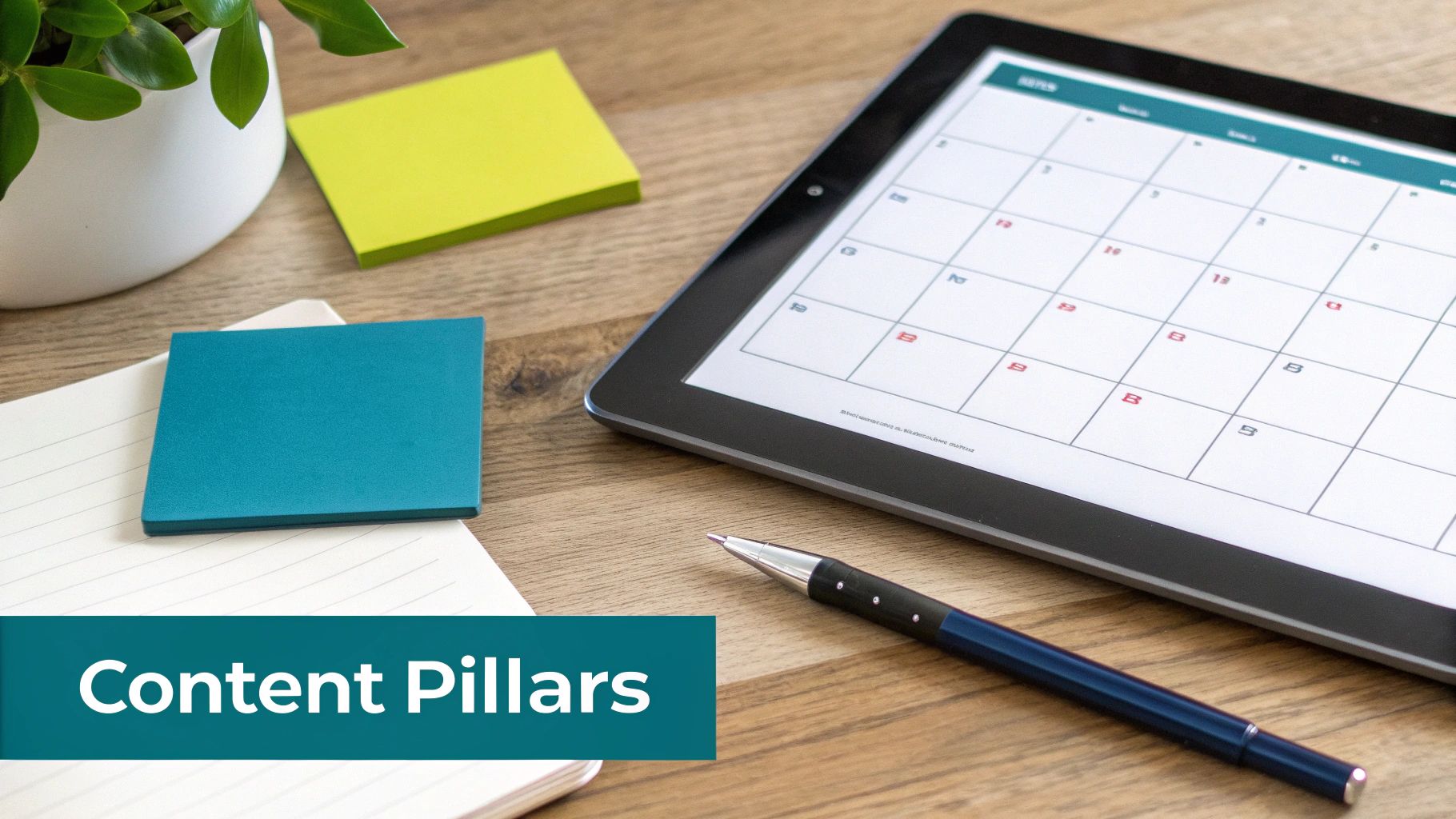 A workspace flat lay with a tablet calendar, sticky notes, notebook, pen, and plant, highlighting content planning.