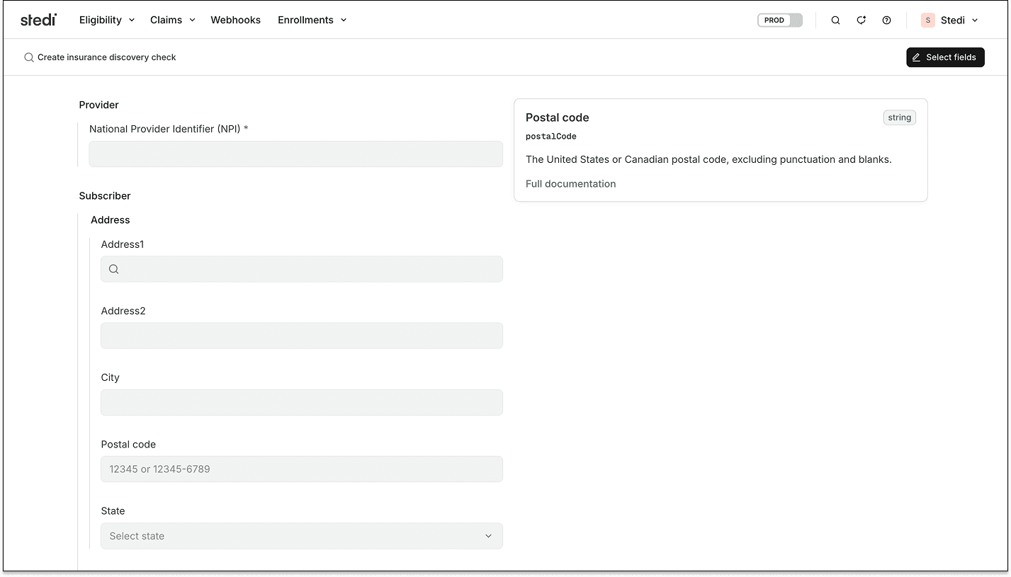Create insurance discovery check form in the Stedi portal.