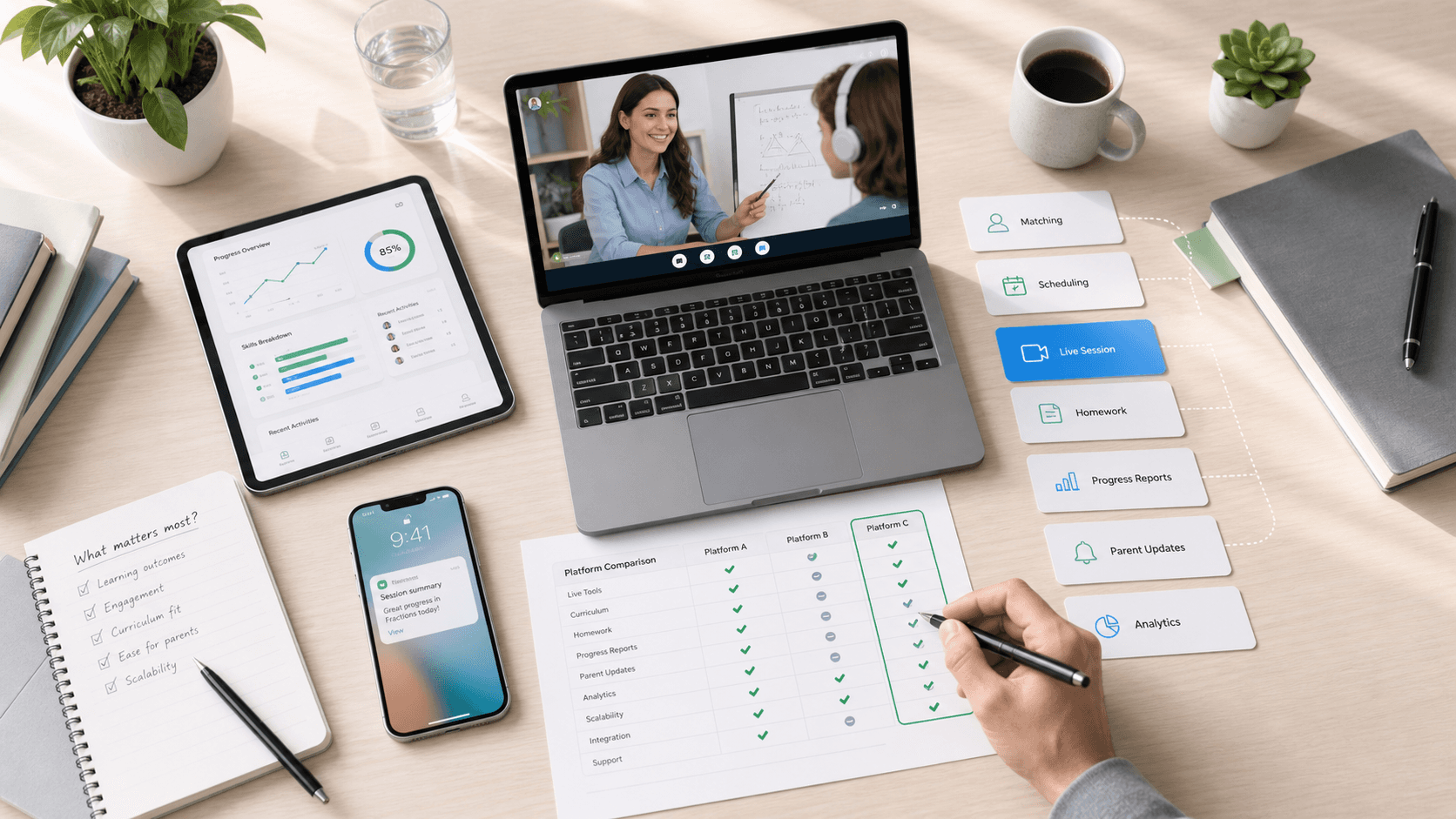 Tutor planning an online lesson with live tutoring platform tools across multiple devices