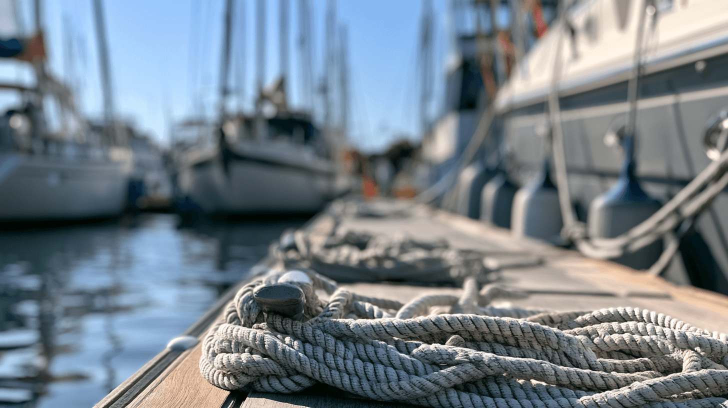 Coiled dock line on the side deck of a boat in a crowded marina, the midship cleat a first mate works when handling lines on a bigger boat