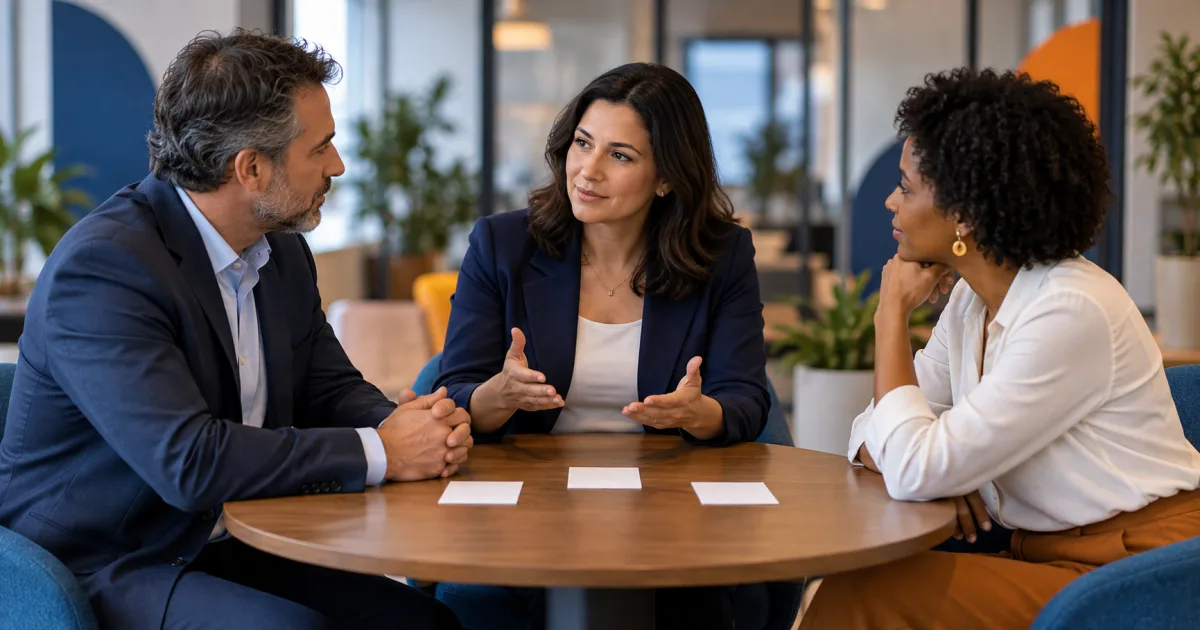 Profissional de Comunicação Interna conduz uma conversa serena com duas lideranças ao redor de uma mesa em um escritório.